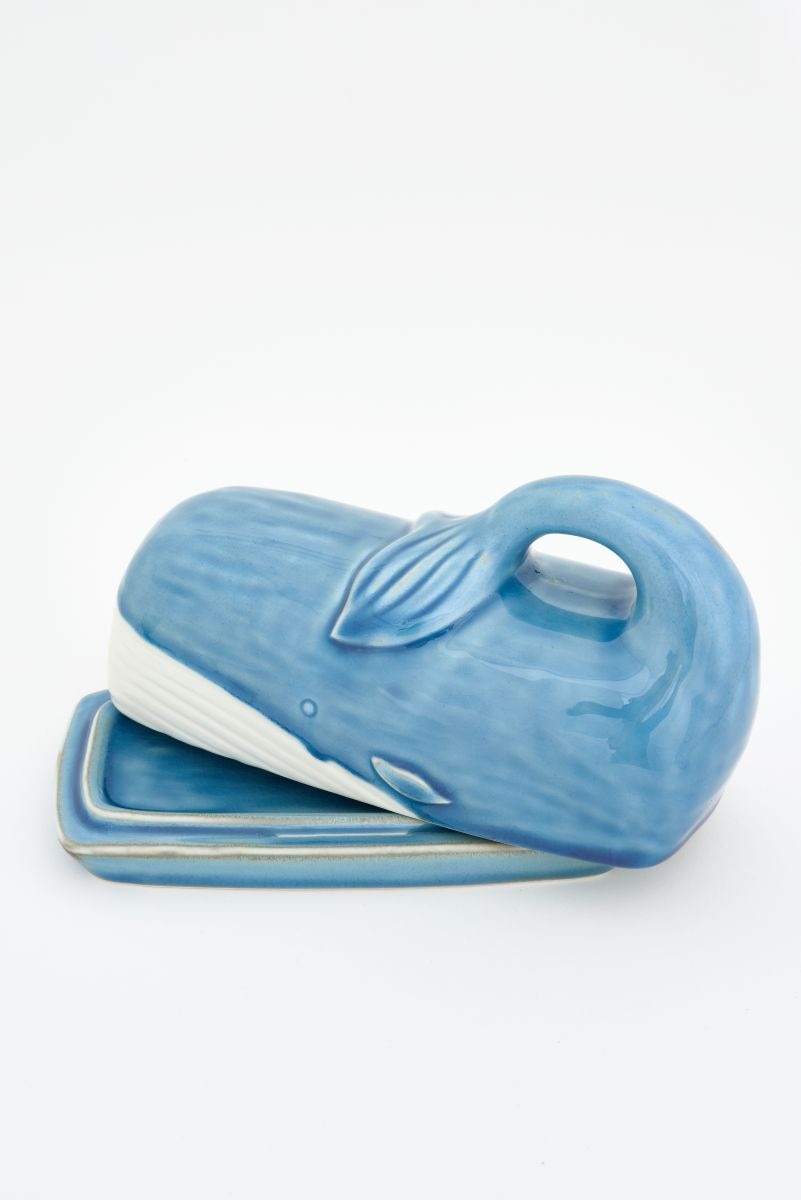 D7307 - Whale Butter Dish, Ceramic, Blue & Cream, L: 7.5" - W: 3.5" - H: 3.9" (x4)